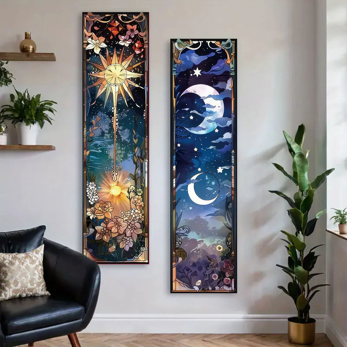 Retro Sun and Moon Scenery Tapestry Hippie Floral Aesthetic Tapestry Wall Hanging  Flower & Plants Night Sky Wall Decoration