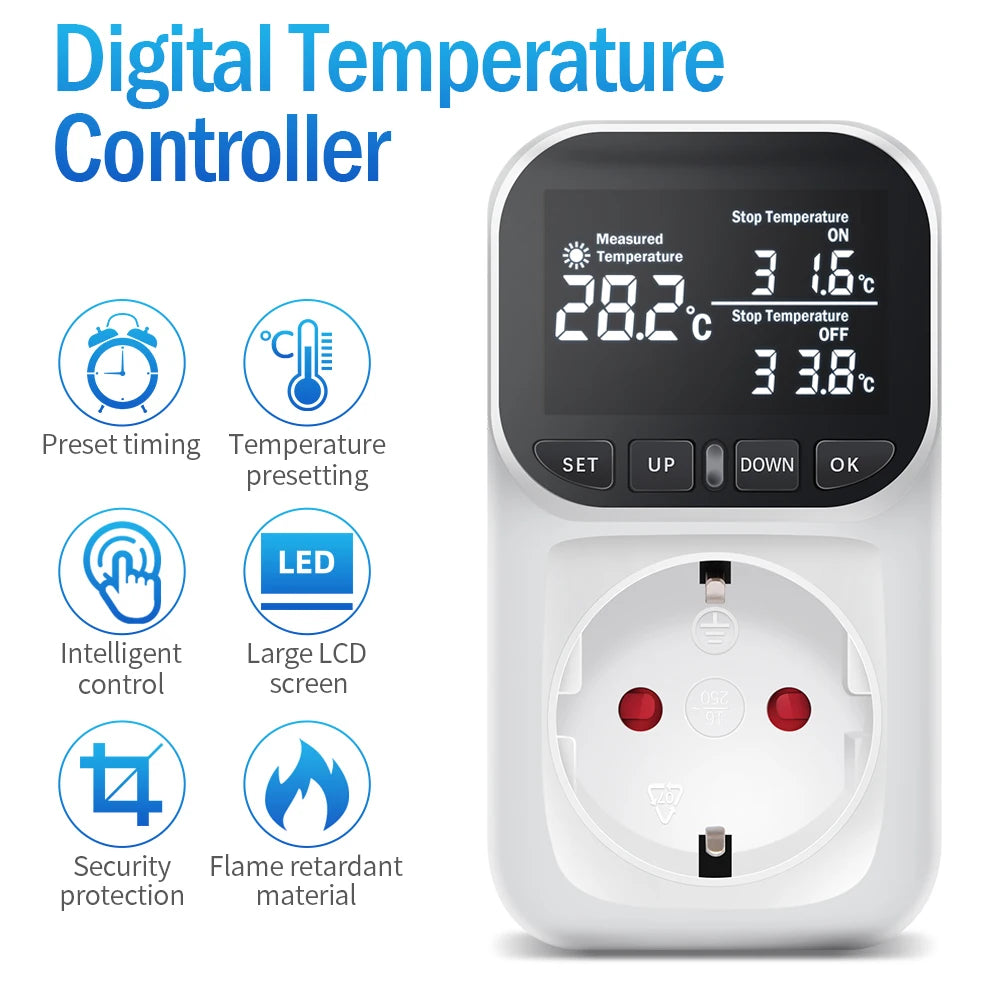 16A Thermostat Socket Multi-Function Temperature Controller Outlet with Timer Switch Sensor Probe Heating Cooling Switch