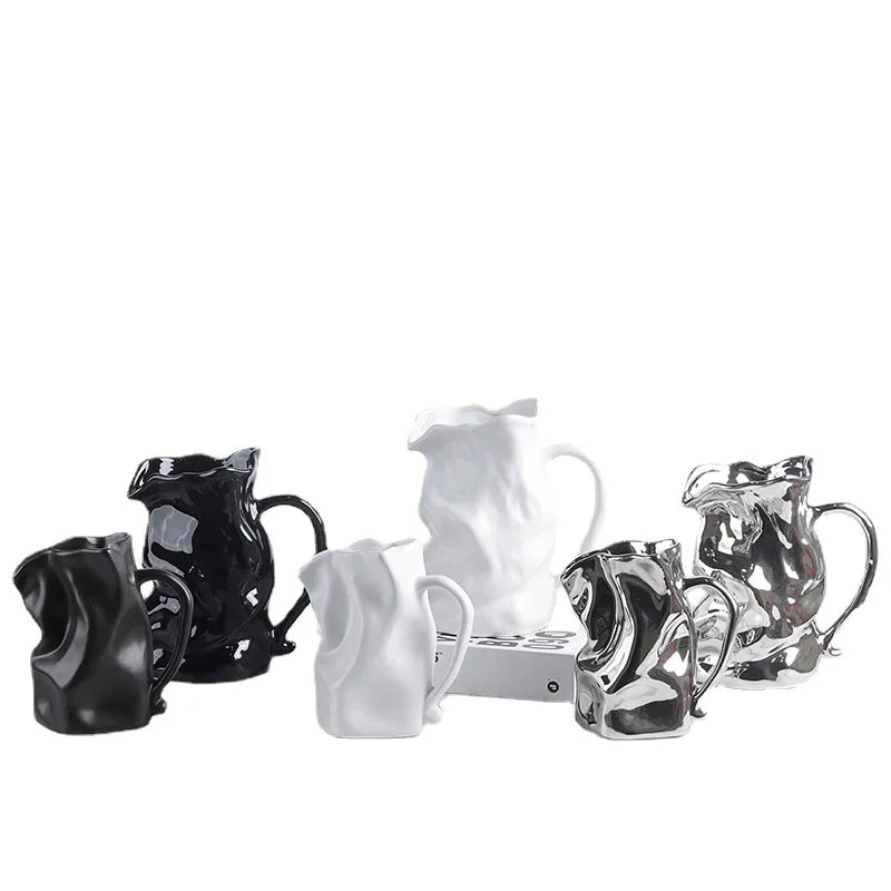 Ceramic Vase Irregularly Pleated Bottle Handle Shape Flower Hydroponics Accessories Room Decoration Vases Pots Terrarium