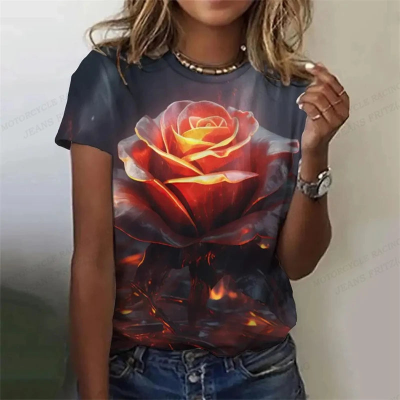 Golden Rose 3d Printed Tshirt Pretty Women's Clothing Female Harajuku Floral Print Tops Tees Ladies O-Neck Short Sleeve T Shirt