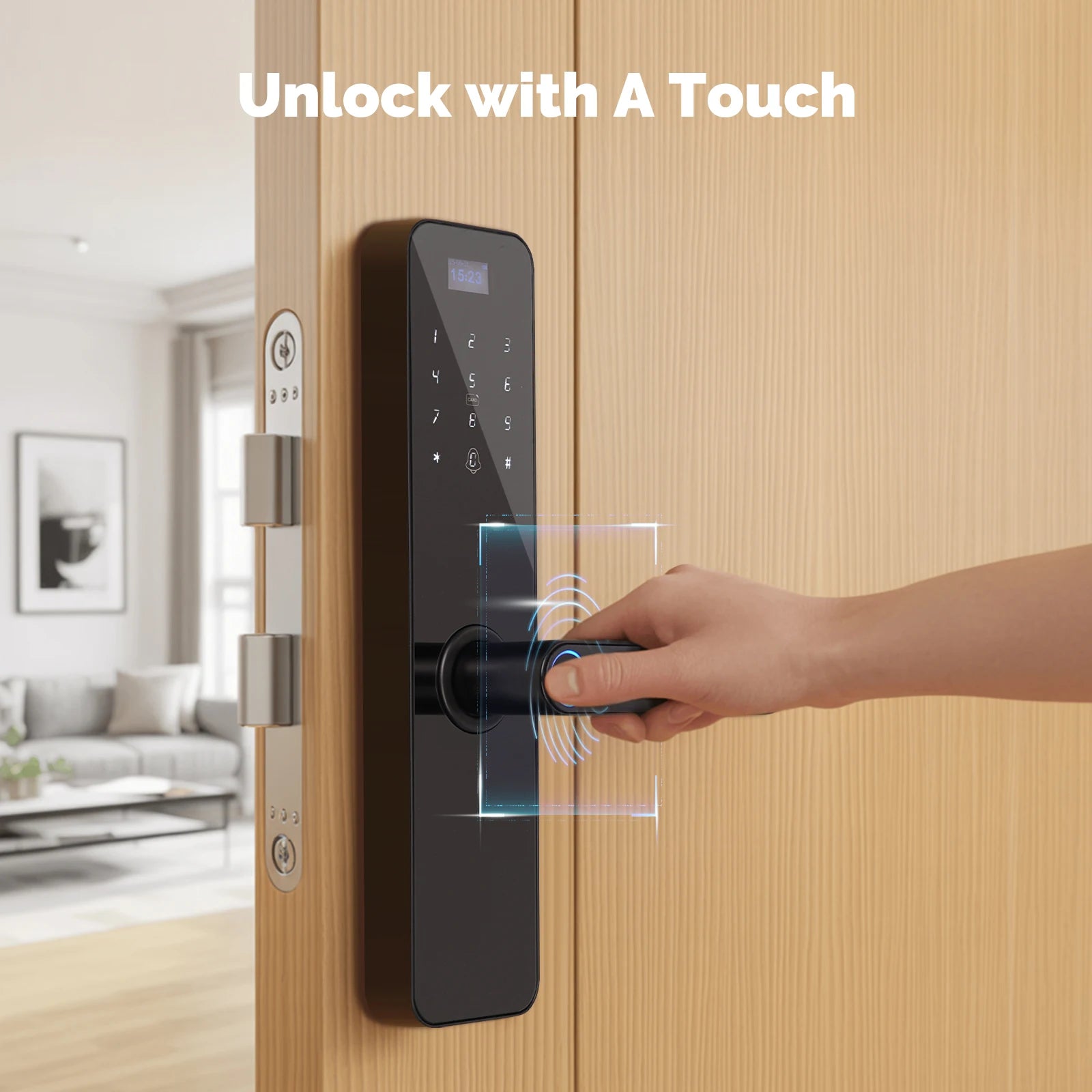MOES Smart Wooden Door Lock - Fingerprint, Keycard, PIN Code, Remote Control, Tamper Alarm, Battery Powered, with Screen Display