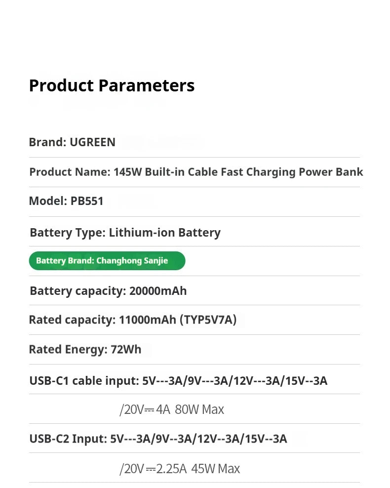 UGREEN 20000mAh Power Bank With Built in Cables 145W Fast Charge Mobile Power Bank iPhone17 Laptop Notebook Customized Charger