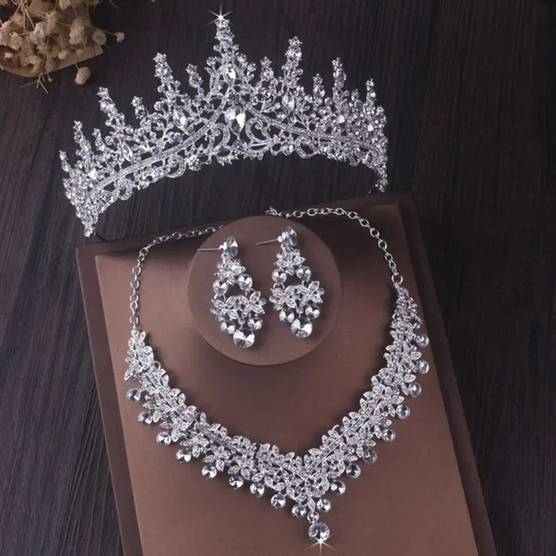 Bridal Headwear Luxury Silver-Color Crystal Water Drop Rhinestone Tiara Necklace Earrings Wedding 4 Pcs Jewelry Set