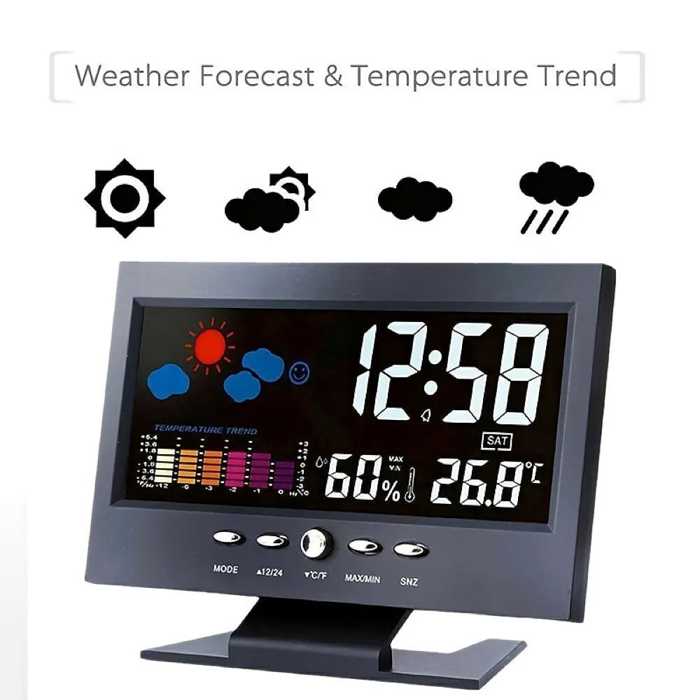 Weather Clock With Time Date Week Temperature Humidity Display Weather Forecast Function With Voice-activated Backlight Function