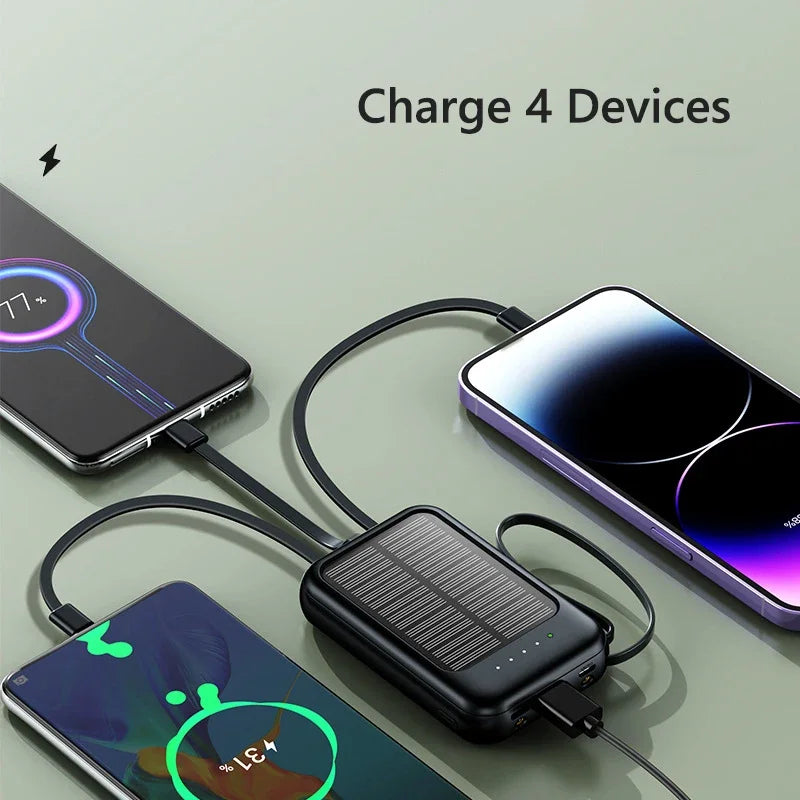 50000mAh Solar Power Bank Built Cables Solar Charger Poverbank 2 USB Port External Charger Mobile Phone Powerbank with LED Light