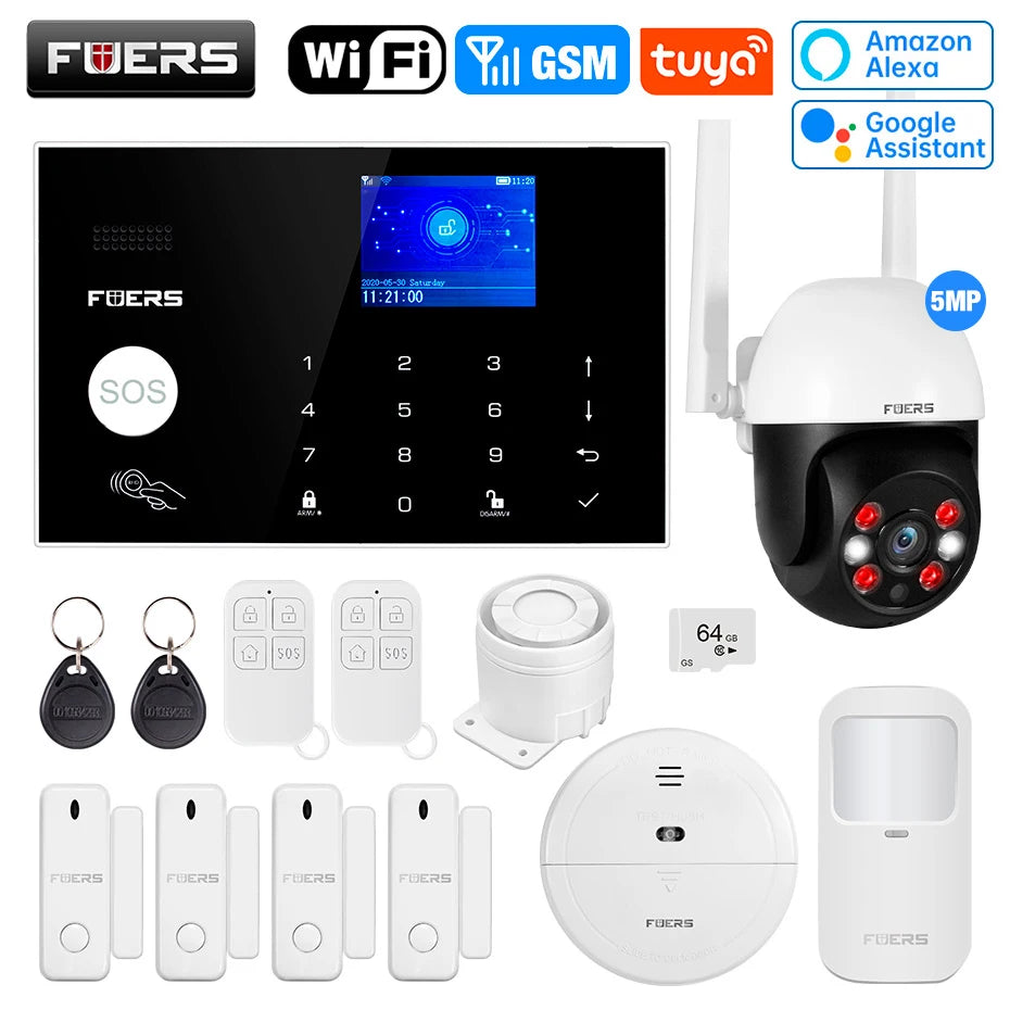 FUERS WIFI GSM Alarm System Wireless Home Burglar Security Alarm System Tuya APP Control Siren Motion Detector PIR Smoke Sensor