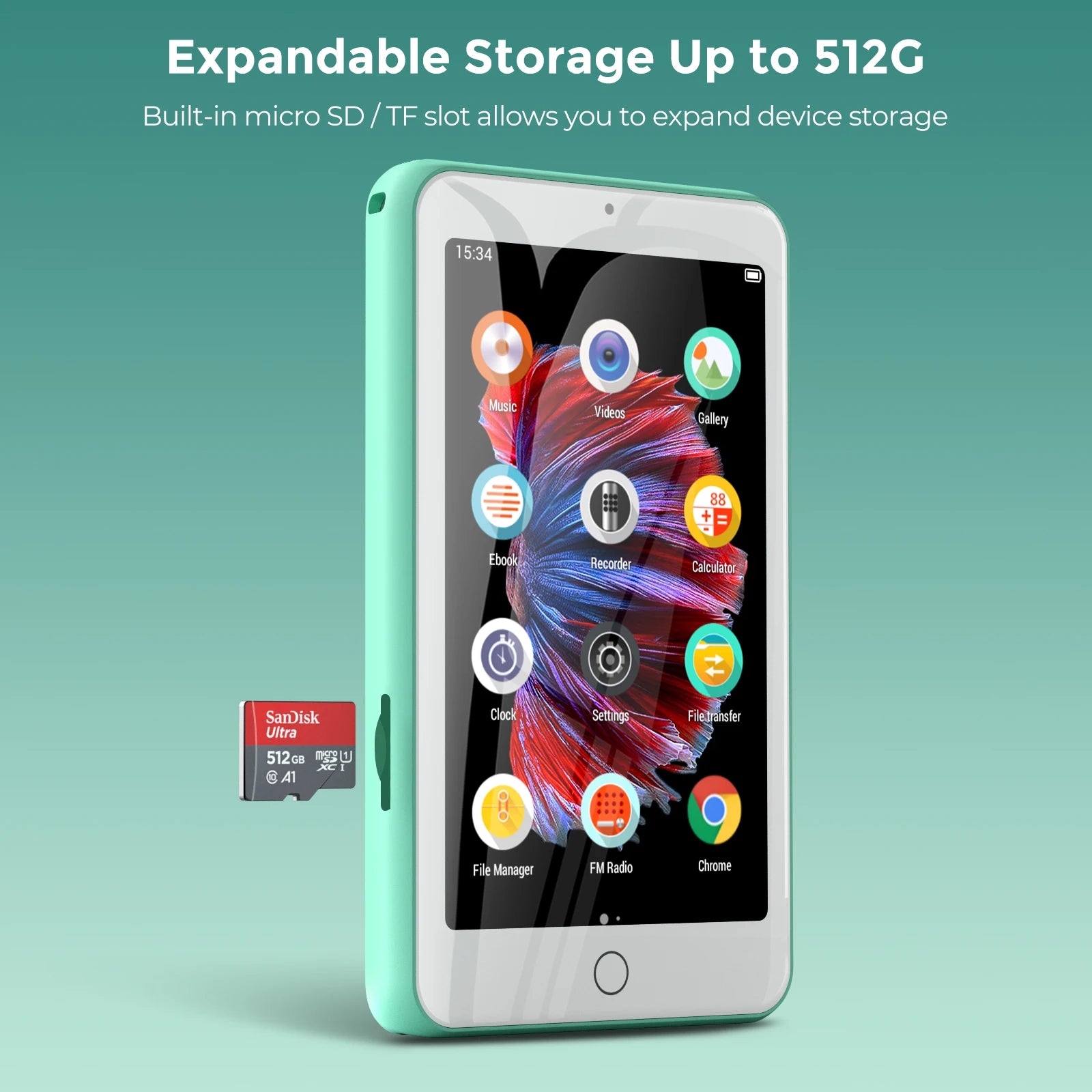 Portable MP4/MP3 player bluetooth speakers & wifi, music player with video, FM radio, eBooks, Recorder, capacity up to 512 GB