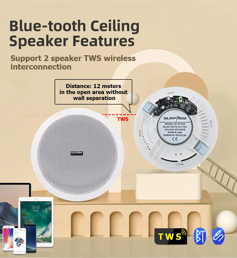 Home and Commercial Caixa De Som Bluetooth Speaker Active and Wired Ceiling Speaker Background Music Stereo for Home Theater 10W