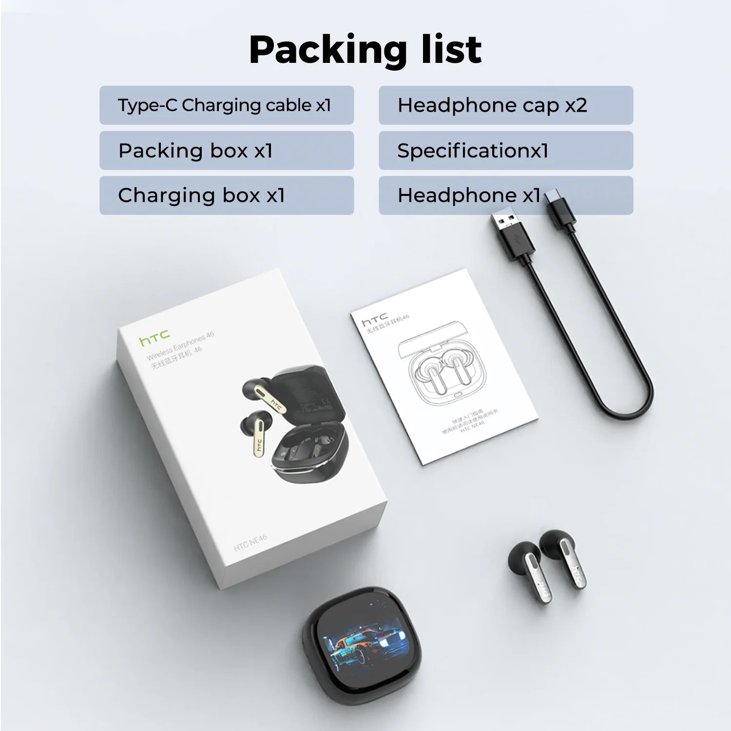 Bluetooth Headphones HTC Wireless Earphones Full HD LCD Display Earpiece Noise Canceling Earbuds Comfortable for Music Sport