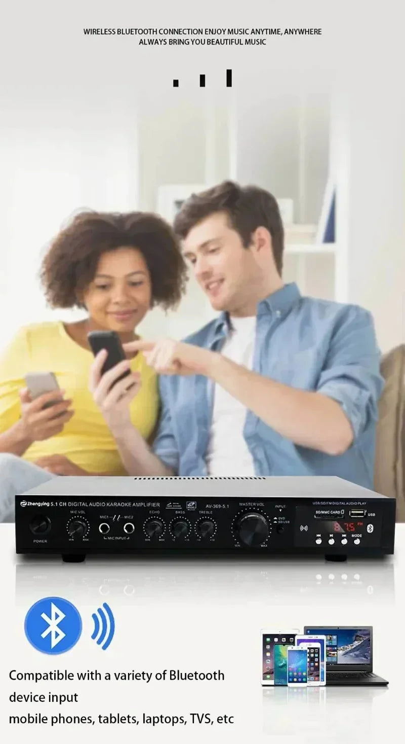 AV-369BT Bluetooth 5.1 Sound Speaker AMP Stereo Audio Amplifiers Receiver 6 Channel Home Theater Audio Stereo System Components
