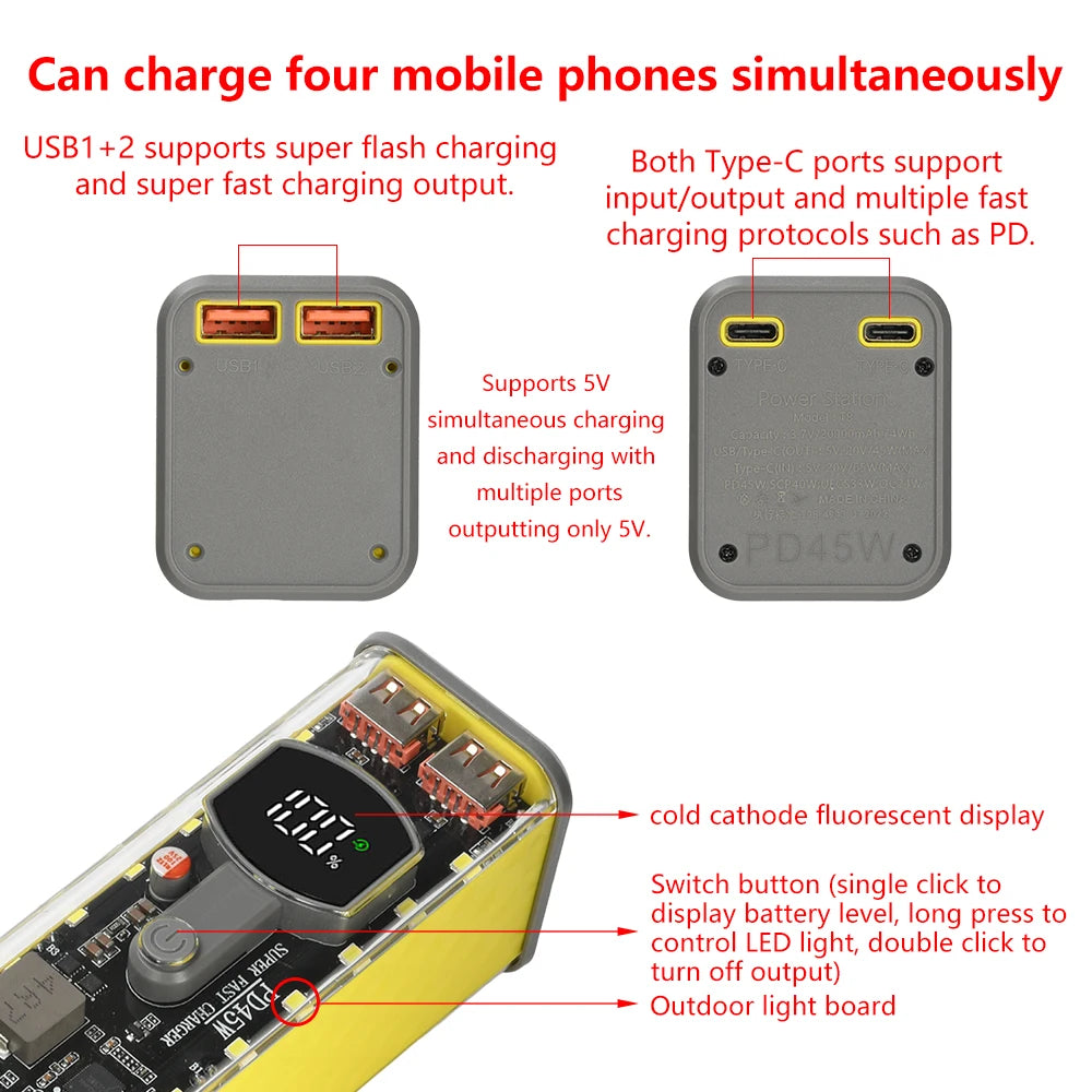 8*18650 Power Bank Battery Case 22.5W PD 45W Fast Charging Battery Storage Box Welding Free USB+Type-C Port