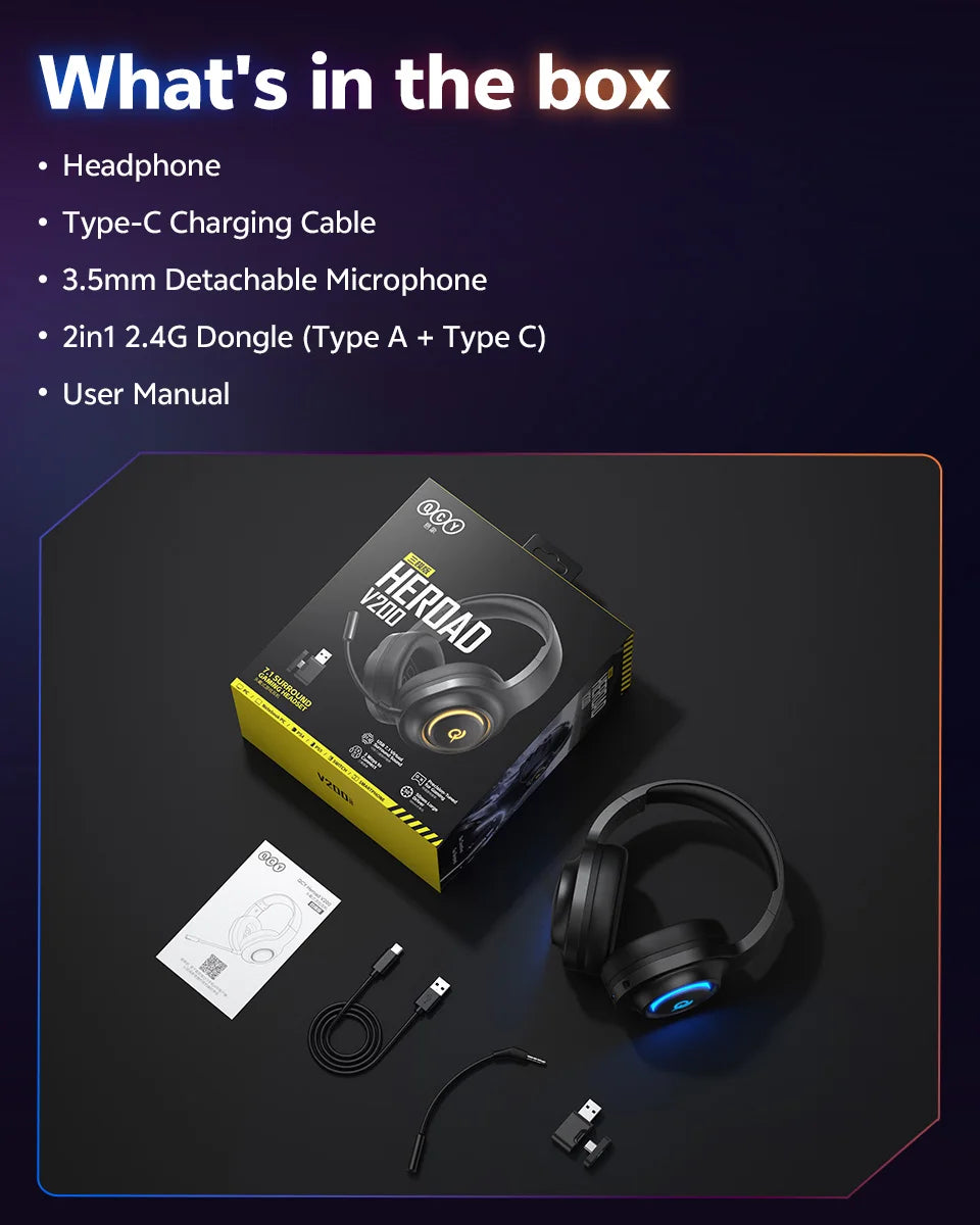 QCY Heroad V200 Gaming Headset Bluetooth 6.0 with Mic 50mm Driver 7.1 Surround Sound RGB Over Ear Headphones for PC Laptop PS4/5