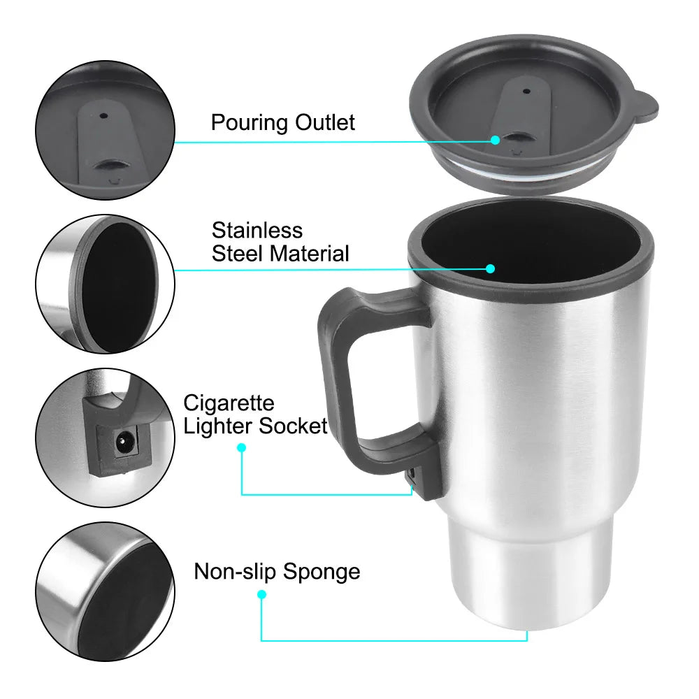 Water Coffee Milk Thermal Mug 12V 450ml Stainless Steel Vehicle Heating Cup Electric Heating Car Kettle Camping Travel Kettle