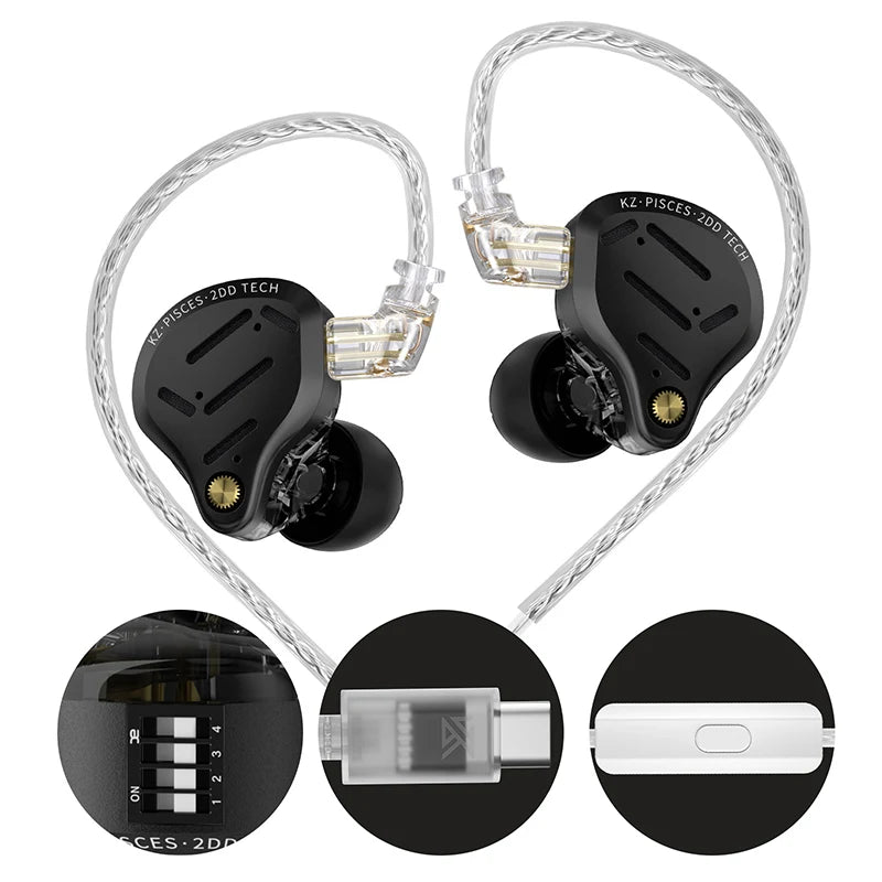 KZ Pisces 2DD Dynamic Drive Earphones Adjustable Earbuds HIFI In Ear Wired Gaming Earphones 2PIN 3.5MM Type-c Plug Cable
