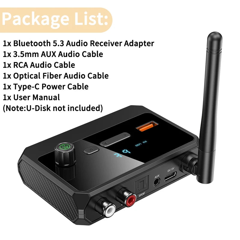 Bluetooth 5.3 Audio Receiver Support USB U-Disk Play Wireless Adapter R/L 2 RCA/3.5MM AUX/Optical Fiber Jack For Car Kit Speaker