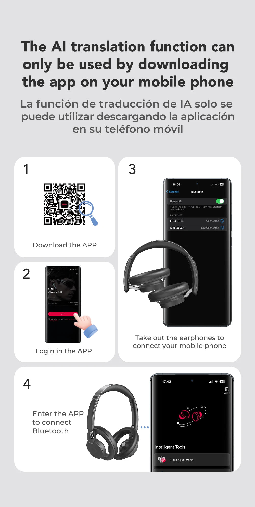 HTC HP06 Open-Ear Wireless Headphones Bluetooth V6.0 Airy Foldable AI Translate Headset for PC Laptop Phone TV Ultralight Hollow