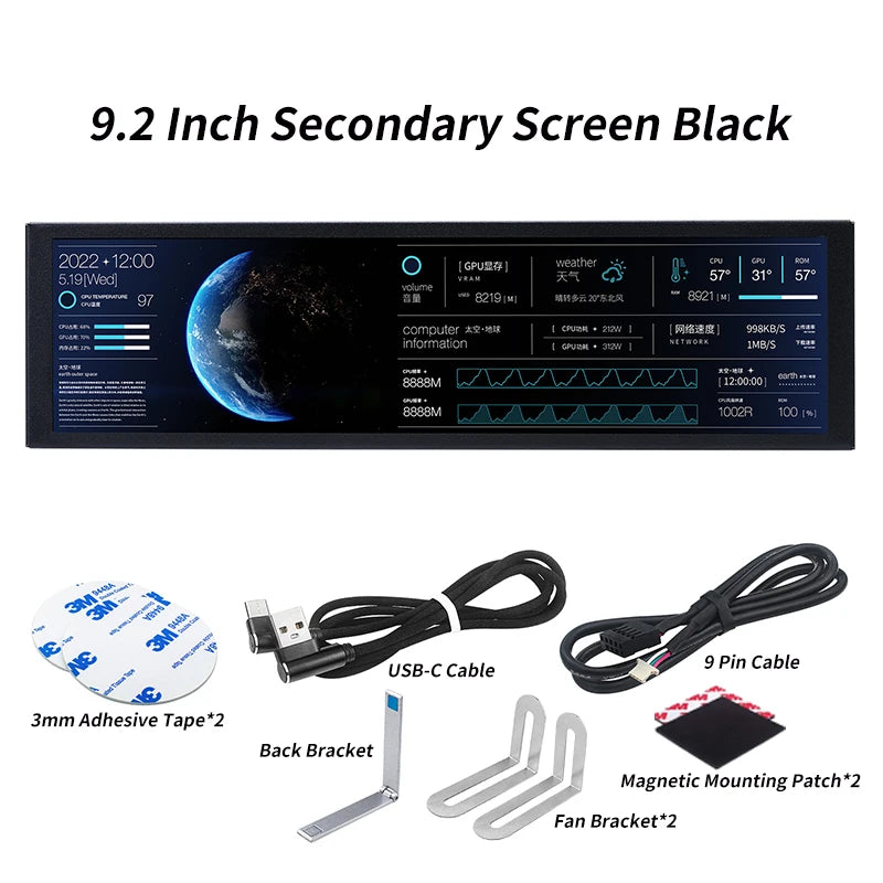 TURZX 9.2 Inch USB Secondary Screen 1920*462 IPS Smart Screen LCD CPU RAM HDD Weather Monitor Display No AIDA64