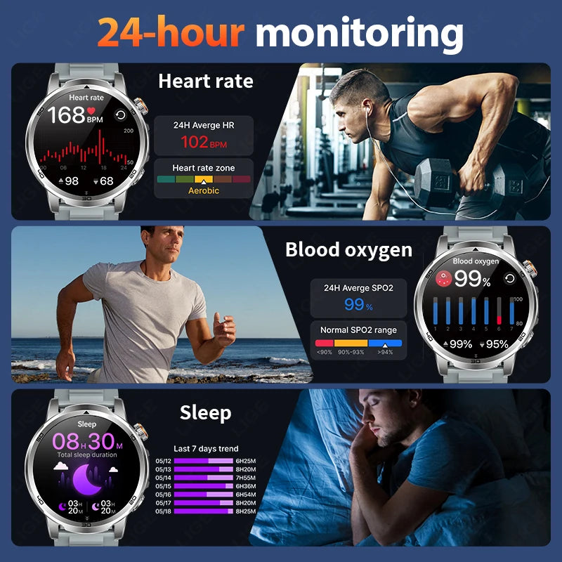 LIGE Military Grade 1000mAh Battery Smart Watch Men Flashlight SOS Red Light Sports Watches Waterproof Bluetooth Call Smartwatch