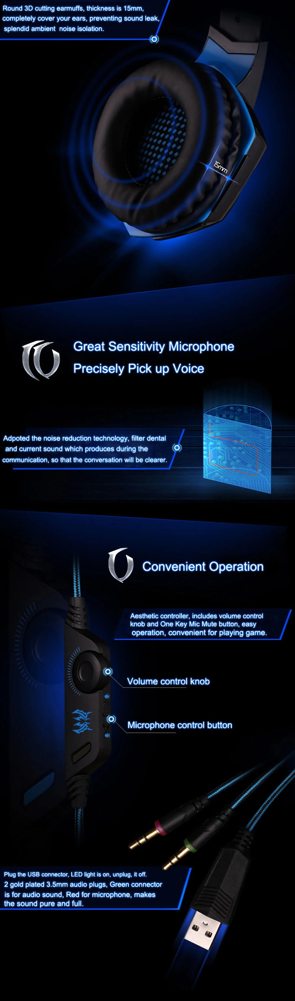 Gaming Headset Stereo Deep Bass Headphone with Microphone LED Light for PS4/PC/Laptop/Phone Gamer