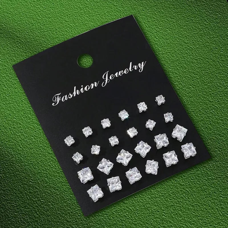 New Geometric Six-Claw Heart-Shaped Crystal Zircon Basic Set Ear Studs Vintage Elegant 36 Pairs Unisex