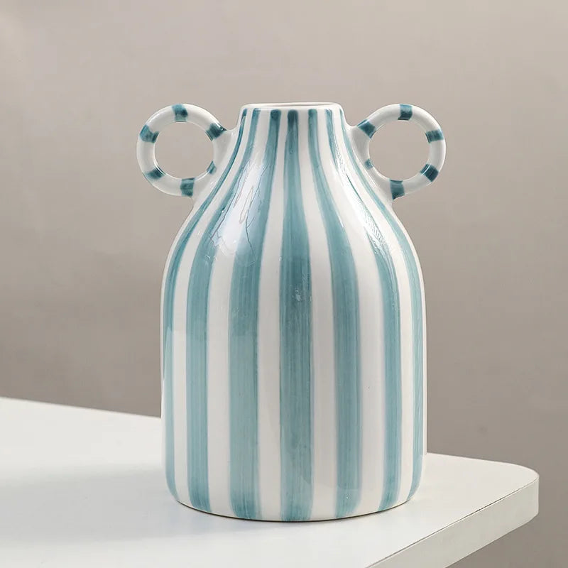 Nordic Style Art Vase Ornament Double Ear Striped Ceramic Vase Hydroponic Flower Cutting Bottle Home Decoration Flowerpot
