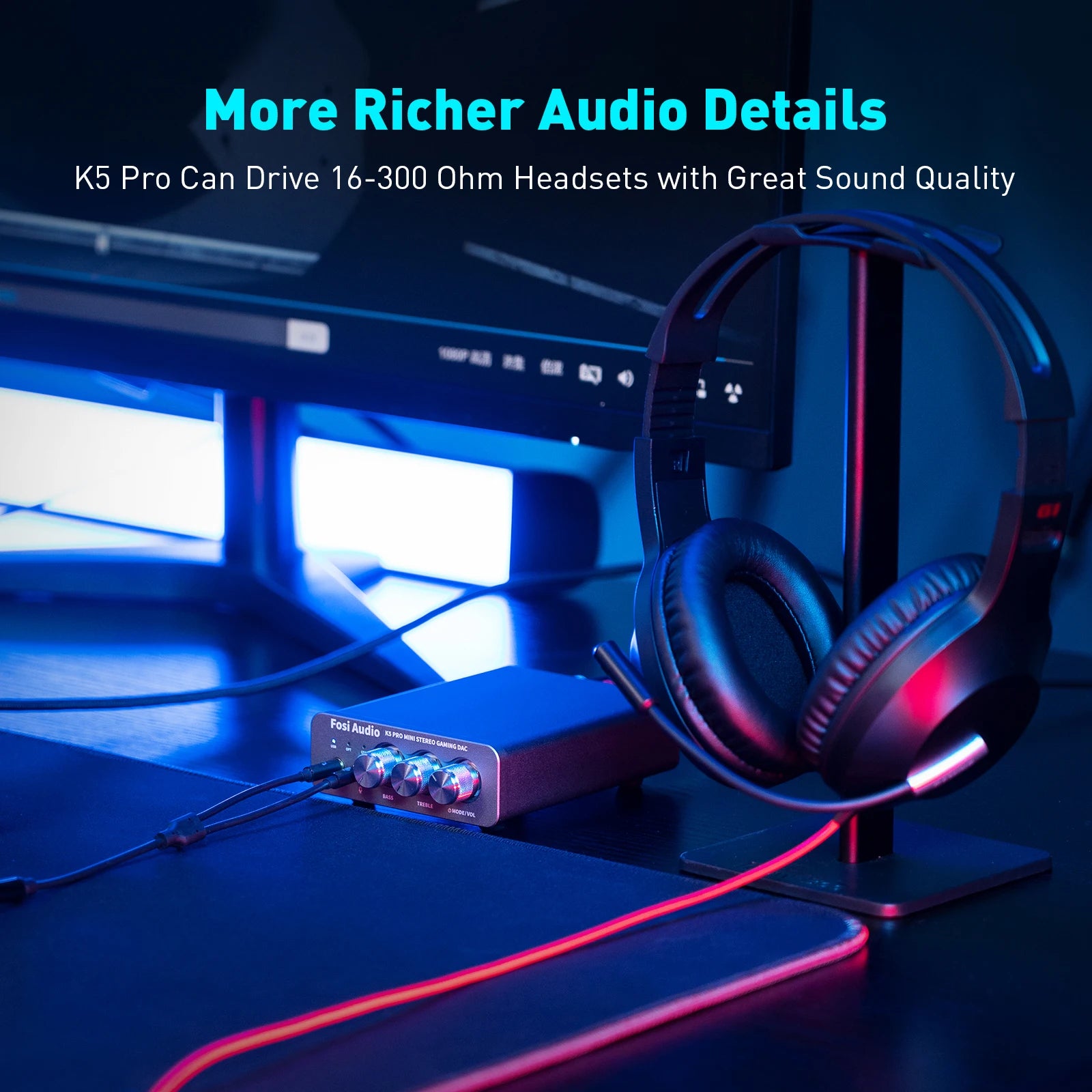 Fosi Audio K5 PRO Gaming USB DAC With Microphone Headphone Amplifier Mini Audio Decoder for PS5 Desktop Powered Active Speakers