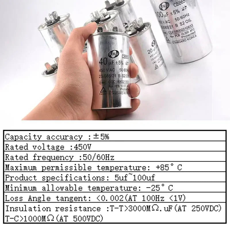 20UF25UF30UF 35UF 40UF 45UF 50UF 55UF 60-100UF CBB65 Air Conditioner Capacitor Compressor Motor Runs Starting Capacitor 450VAC
