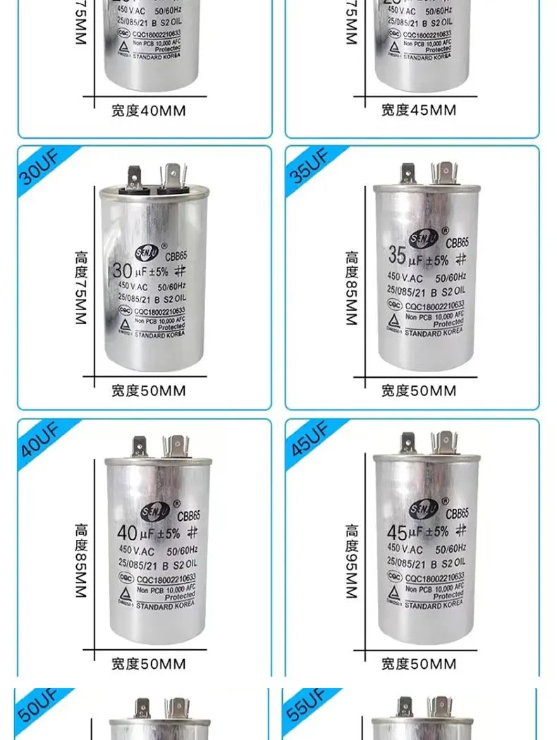 20UF25UF30UF 35UF 40UF 45UF 50UF 55UF 60-100UF CBB65 Air Conditioner Capacitor Compressor Motor Runs Starting Capacitor 450VAC