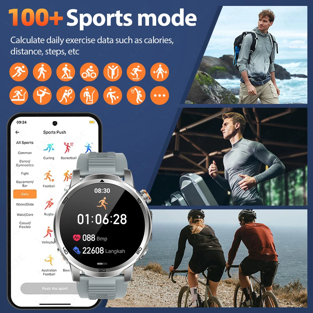 LIGE Military Grade 1000mAh Battery Smart Watch Men Flashlight SOS Red Light Sports Watches Waterproof Bluetooth Call Smartwatch
