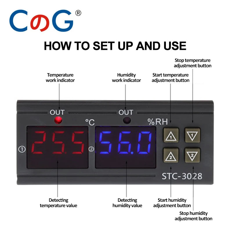 STC-3028 Dual Digital Temperature Humidity Controller 12V 24V 220V Thermoregulator Thermostat for Heating Cooling in Incubator