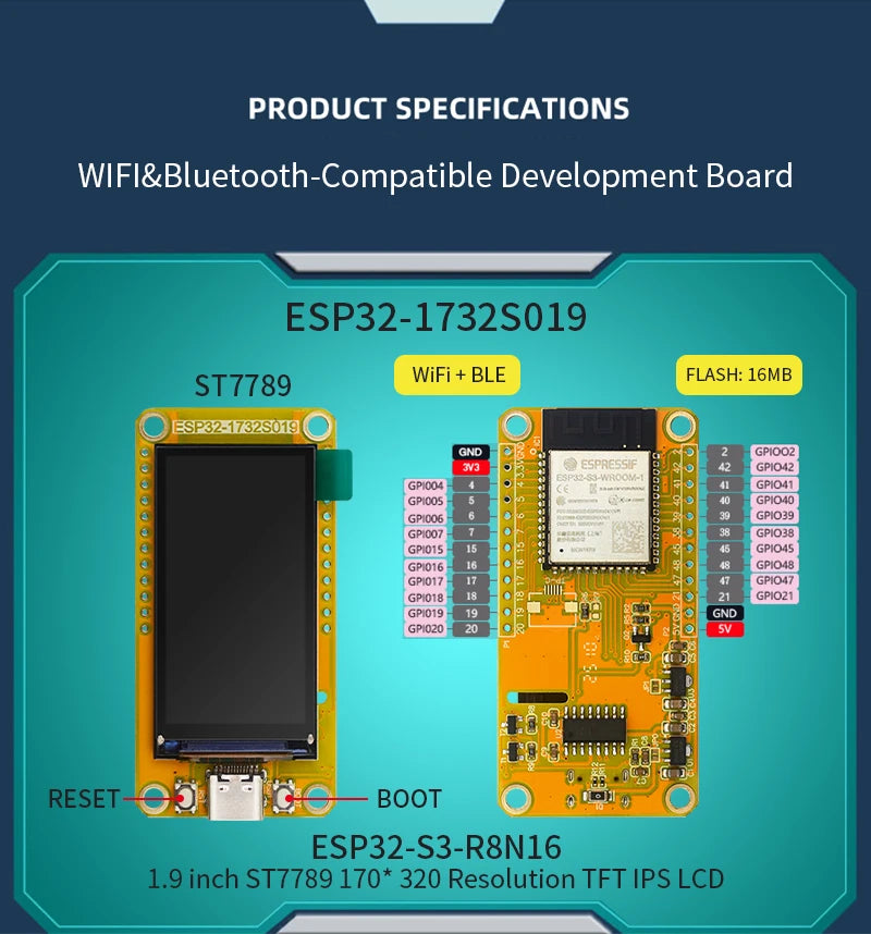 ESP32-S3 HMI 8M PSRAM 16M Flash for Arduino LVGL WIFI&Bluetooth 1.9 Inch 170*320 Smart Display Screen IPS LCD TFT Module