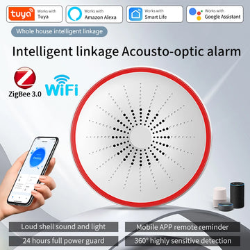 Tuya WiFi Zigbee Smart Siren Alarm 100db Speaker Sound & Light Alert Detector App Control Works With Alexa For Home Security