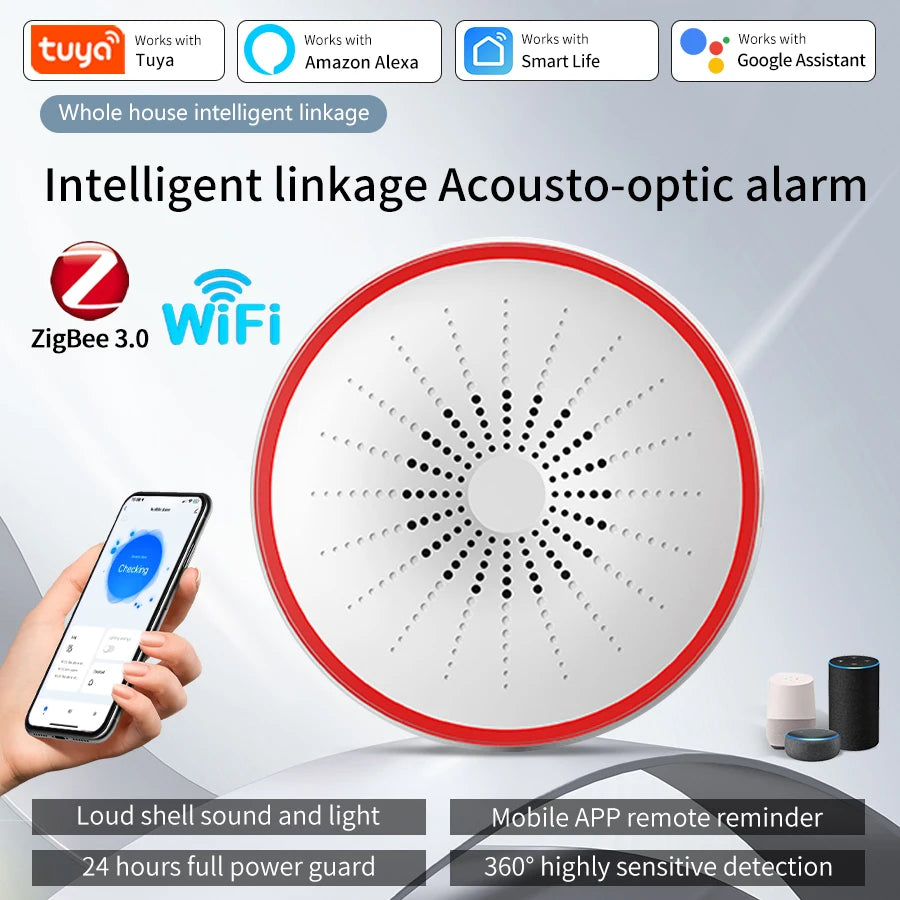 Tuya WiFi Zigbee Smart Siren Alarm 100db Speaker Sound & Light Alert Detector App Control Works With Alexa For Home Security