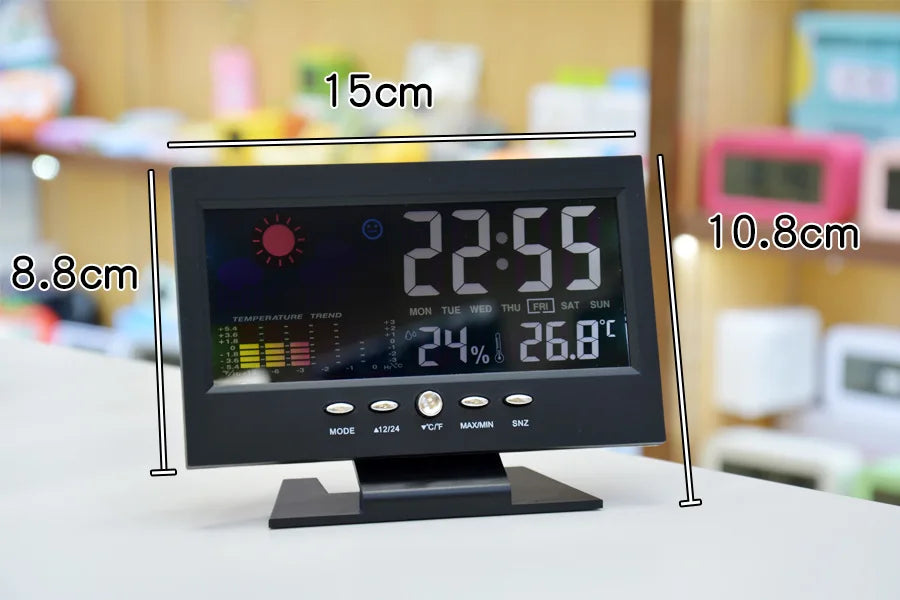 Electronic Alarm Clock Digital Alarm Clock Weather Station Time Temperature Humidity Display Clock with USB Cable Sound Control