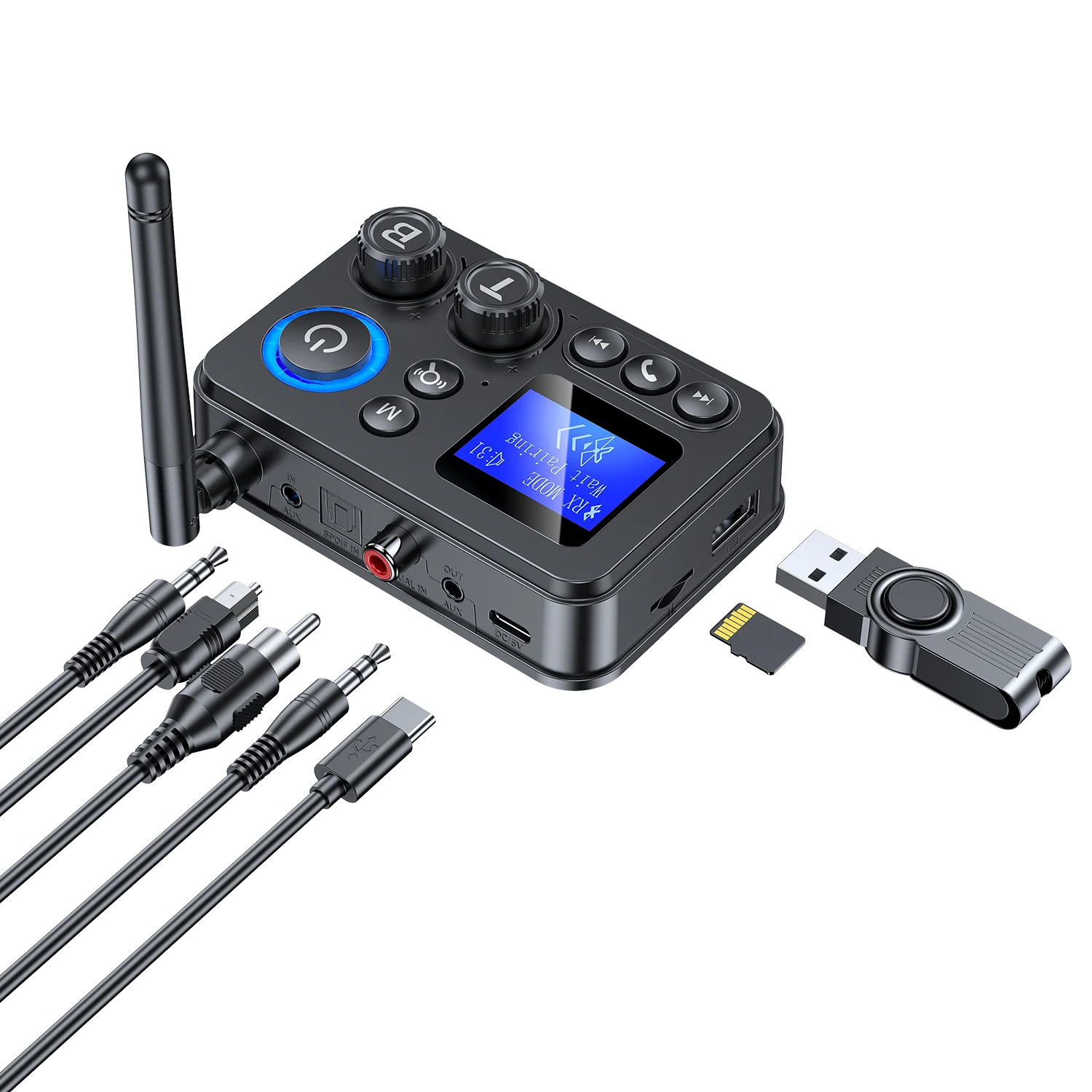 Bluetooth 5.4 Audio Transmitter Receive Support AUX/COAXIAL/SPDIF/TF/U disk with LCD Display for Home Stereo TV Speakers PC