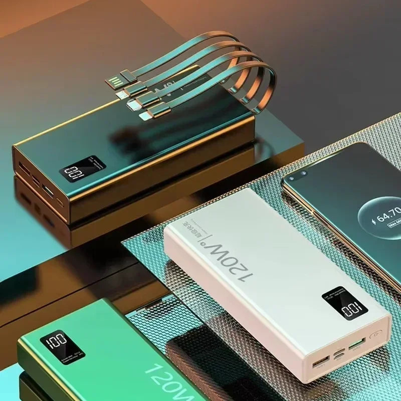 Lenovo 120W 50000mAh High Capacity Power Bank 4 in 1 Cables Fast Charging Power Bank Portable Charger for iPhone Samsung