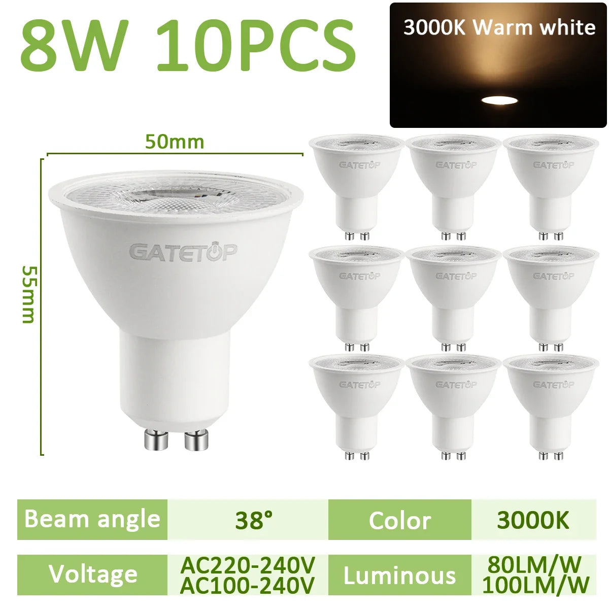 10PCS LED Spotlight Bulb GU10 AC220V 110V 8W 120/38 Degree Beam Angle High Lumen Indoor LED Energy Saving Lights Bulb