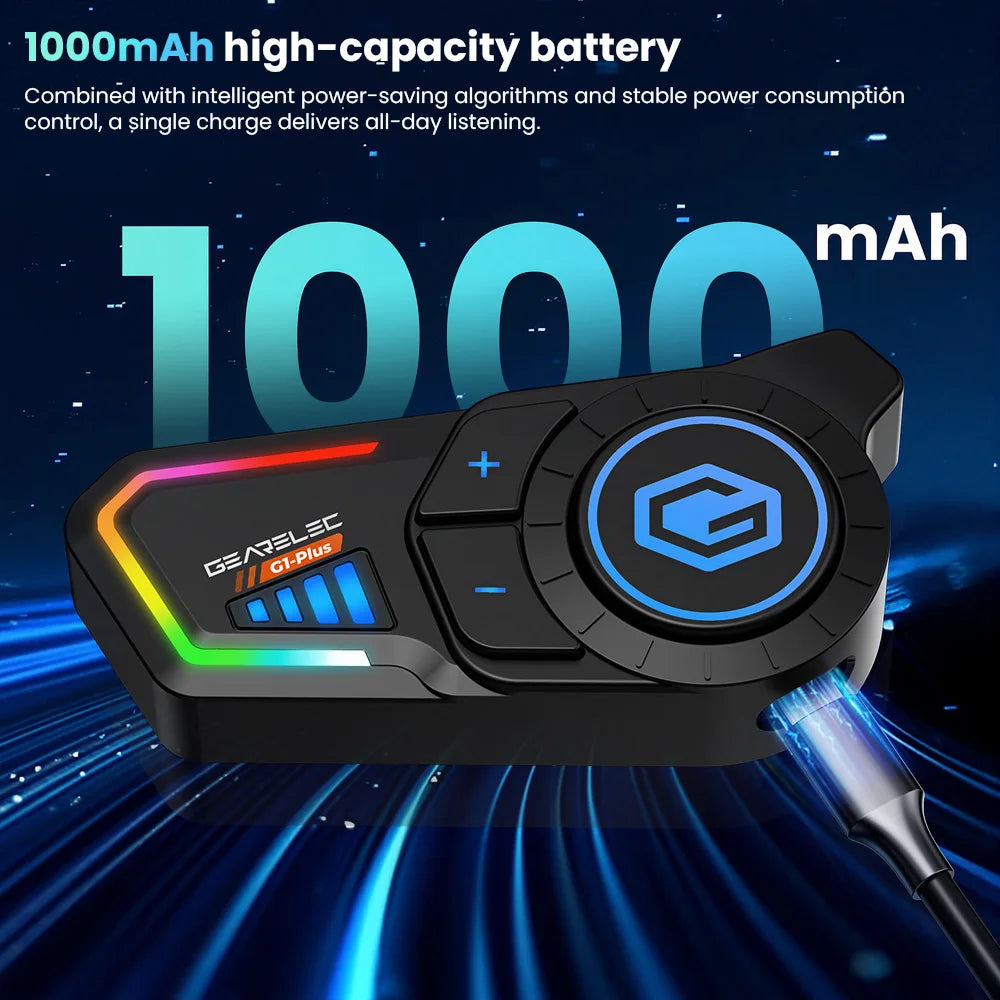 GEARELEC G1 Motorcycle Helmet Bluetooth Headset Hands Free Call IPX67 Waterproof 1000mAh Headset Speakers HiFi Stereo RGB Light
