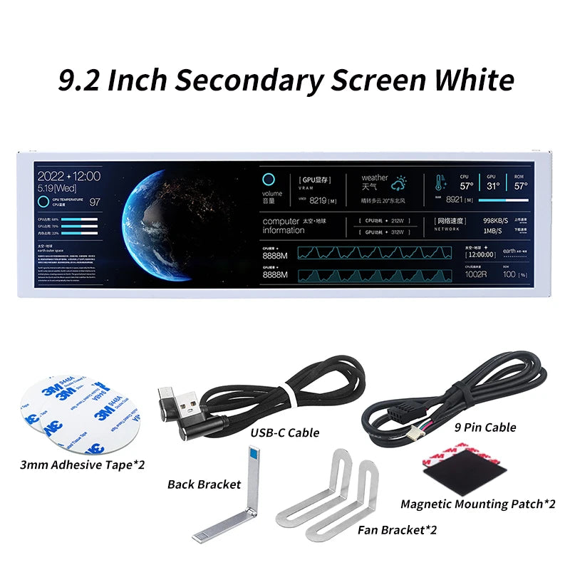 TURZX 9.2 Inch USB Secondary Screen 1920*462 IPS Smart Screen LCD CPU RAM HDD Weather Monitor Display No AIDA64