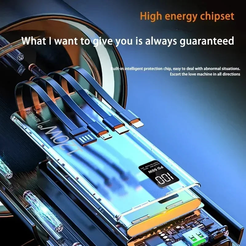 Lenovo 120W 50000mAh High Capacity Power Bank 4 in 1 Cables Fast Charging Power Bank Portable Charger for iPhone Samsung
