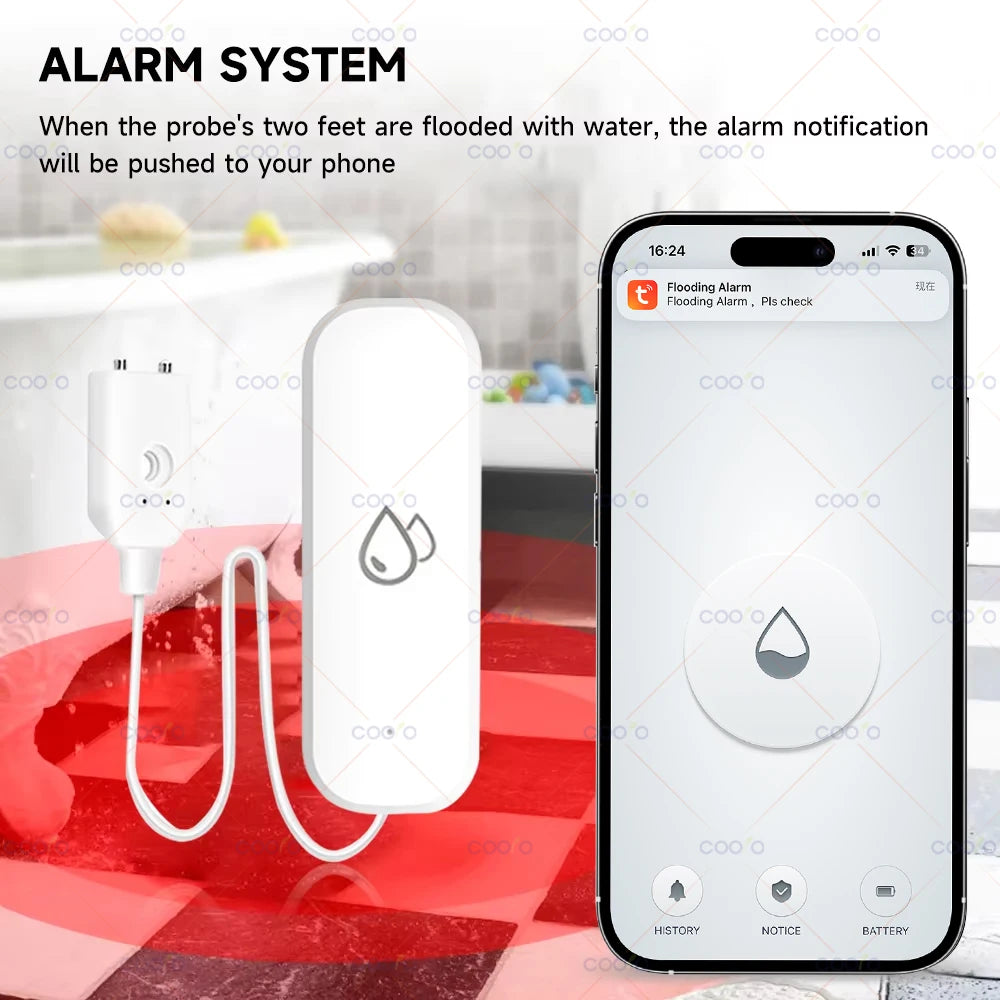 Zigbee 3.0 Smart Flood Leakage Sensor App Remote Monitor Water Overflow Level Detector Water Leak Sensor Security Alarm System