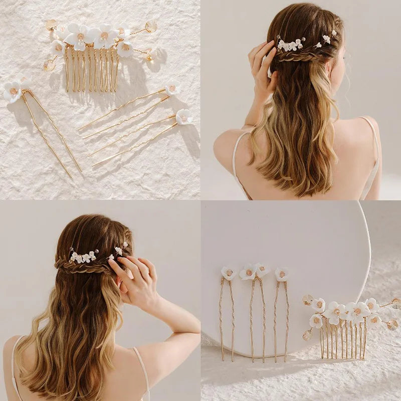 Luxury Pearls Wedding Flower Hair Comb Bride Hair Pins Clips Set Cute Hair Fork Headpieces for Women Jewelry Gift Hair Accessory