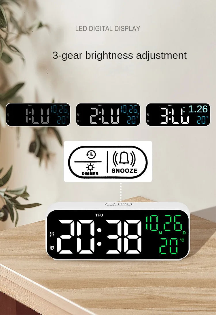 Digital Alarm Clock Temperature and Date Week Display Night Mode Table Clock Voice Control 12/24H Electronic LED Alarm Clocks