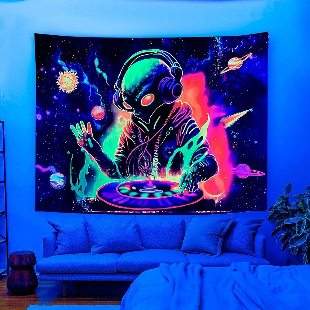 Neon Blacklight Tapestry UV Reactiv Alien DJ Tapestry Glow In The Dark Bohemian Elegance for Artful Wall Hanging and Home Décor