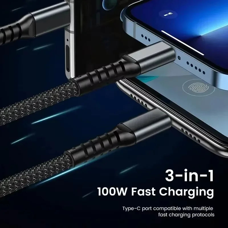 3 In 1 100w Transparent Fast Charging Cable Lightning Type C Micro USB For Iphone Samsung Huawei Xiaomi Tablet Charger Cables