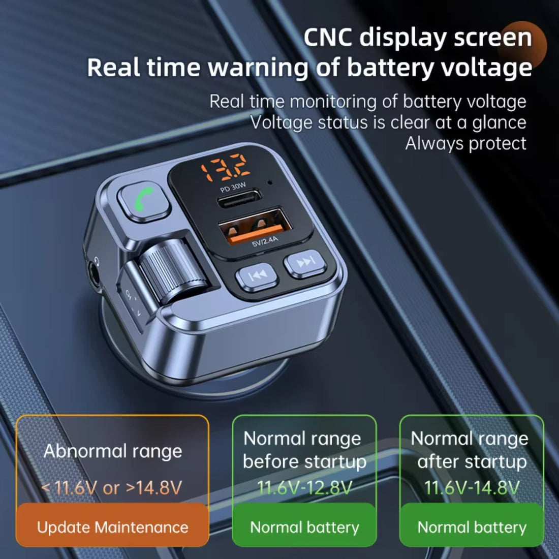 Car FM Transmiter Bluetooth Receiver USB U Disk Read PD30W Fast Charging Car Mobile Phone Adapter  Support AUX audio input