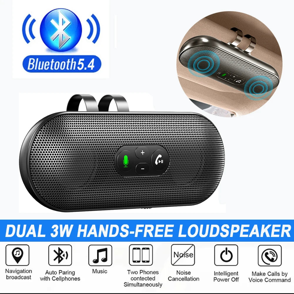 Bluetooth 5.4 Car Kit Handsfree Dual 3W Speakerphone Sun Visor Speaker Mp3 Player Wireless Music Receiver With Voice Assistant
