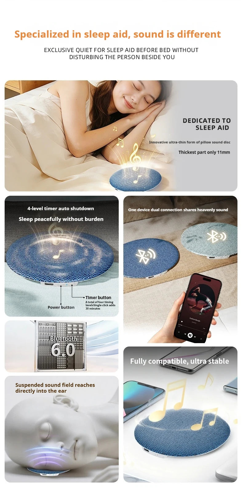 Bluetooth 6.0 Pillow Speaker for Sleeping, Ultra-Thin Under Pillow Sound Machine with White Noise HiFi Stereo Audio