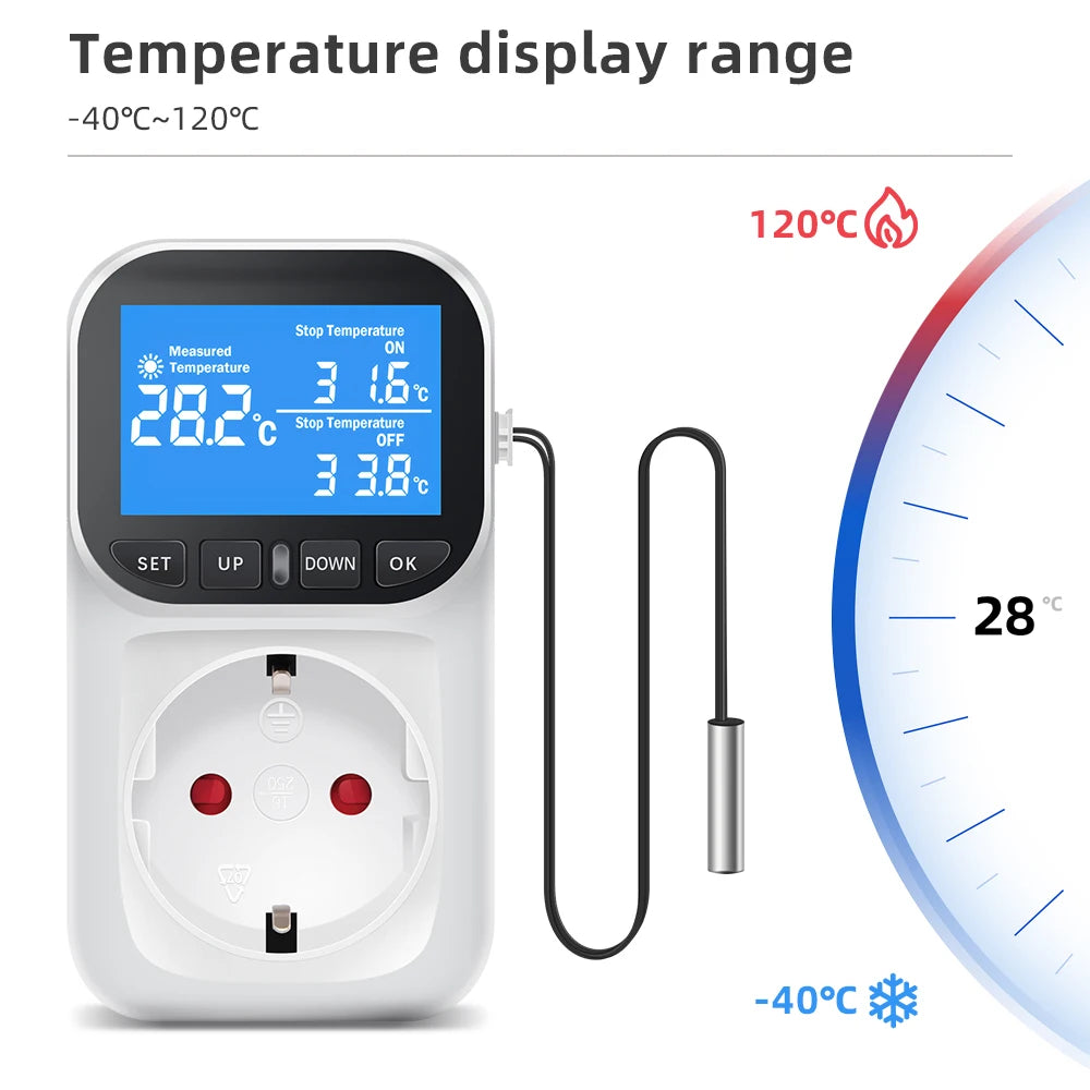 16A Thermostat Socket Multi-Function Temperature Controller Outlet with Timer Switch Sensor Probe Heating Cooling Switch