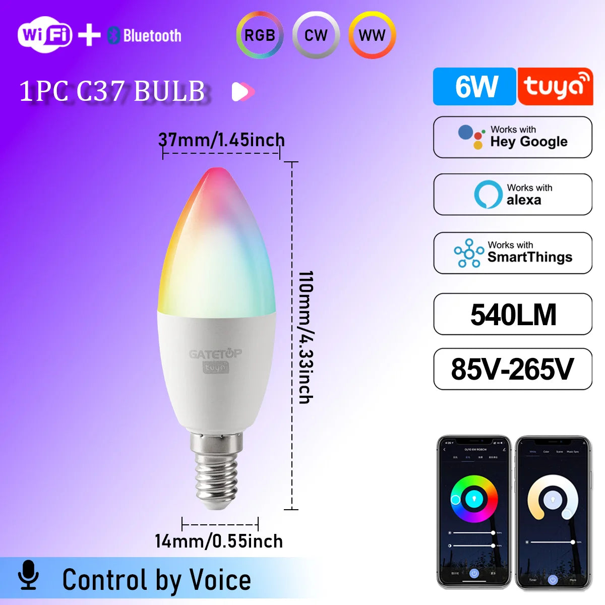 1-10PCS LED Candle Tuya Bulb WiFi E14 Smart RGB CW AC 85-265V 6W LED Lamp C37 Bulbs App Voice Control Support Alexa Google Home